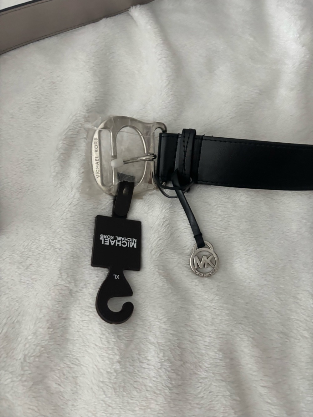 Michael Kors Black Leather Men’s Belt with Silver MK Charm